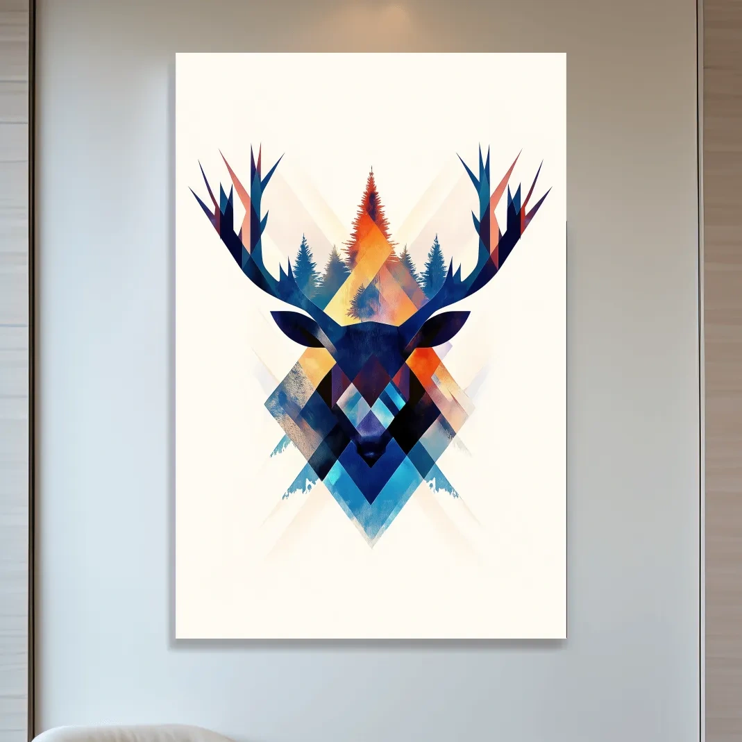 Geometric deer head wall art, colorful abstract tribal style artwork
