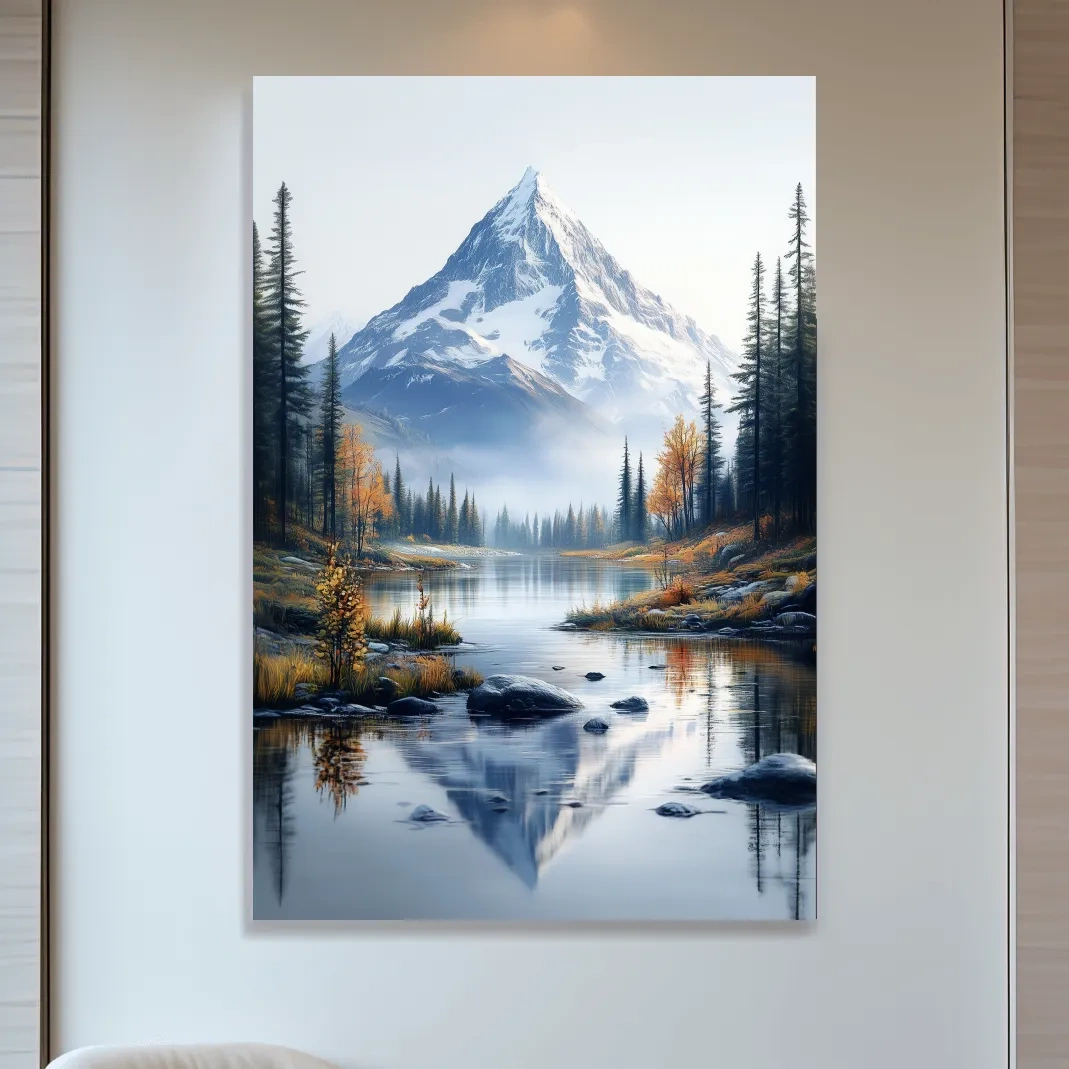 Lake beneath a glacier in the alpine meadows in fall, mountain wall art