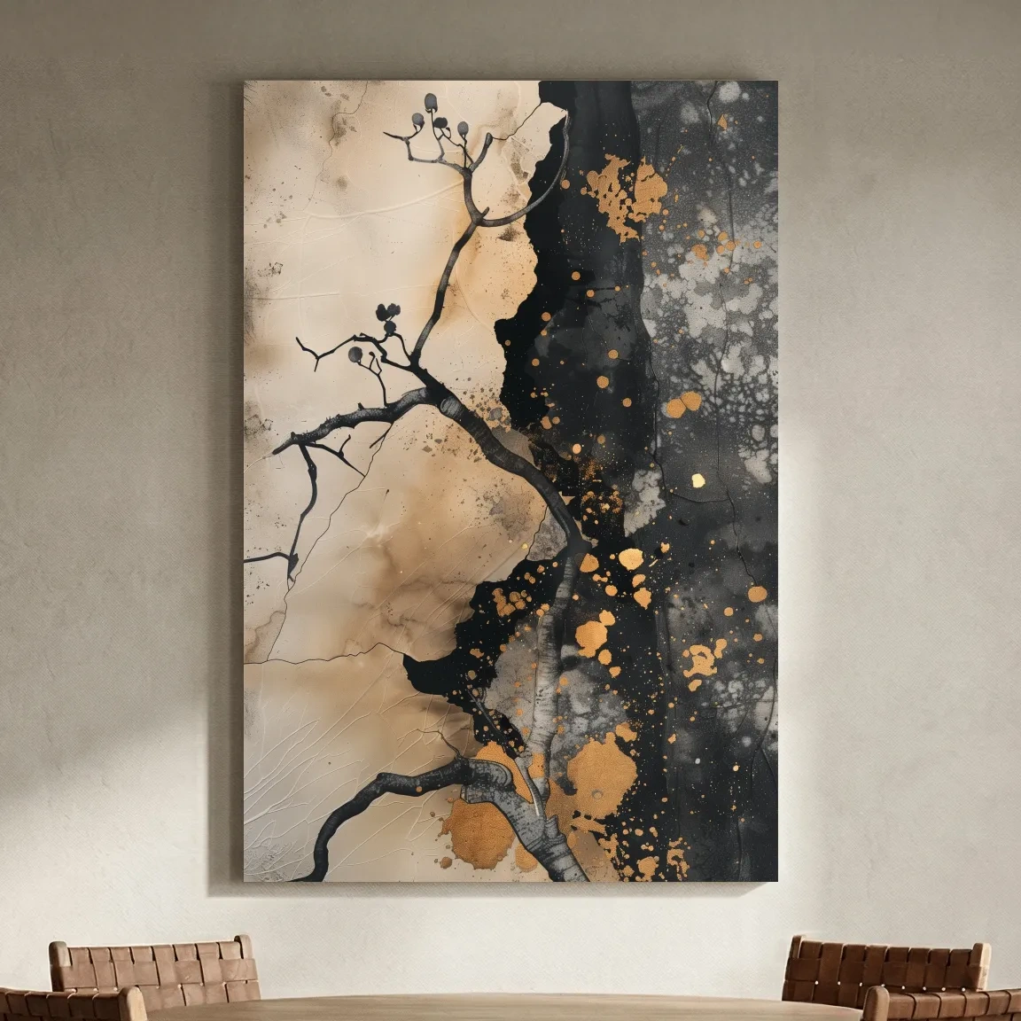 Ink Branch Silhouette With Gold Splatter - Modern Japandi Abstract Wall Art