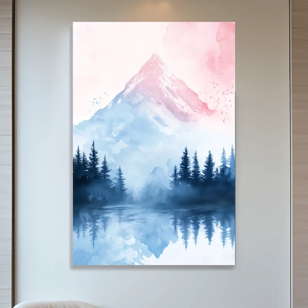 Pastel mountain watercolor painting, foggy forest by an alpine lake