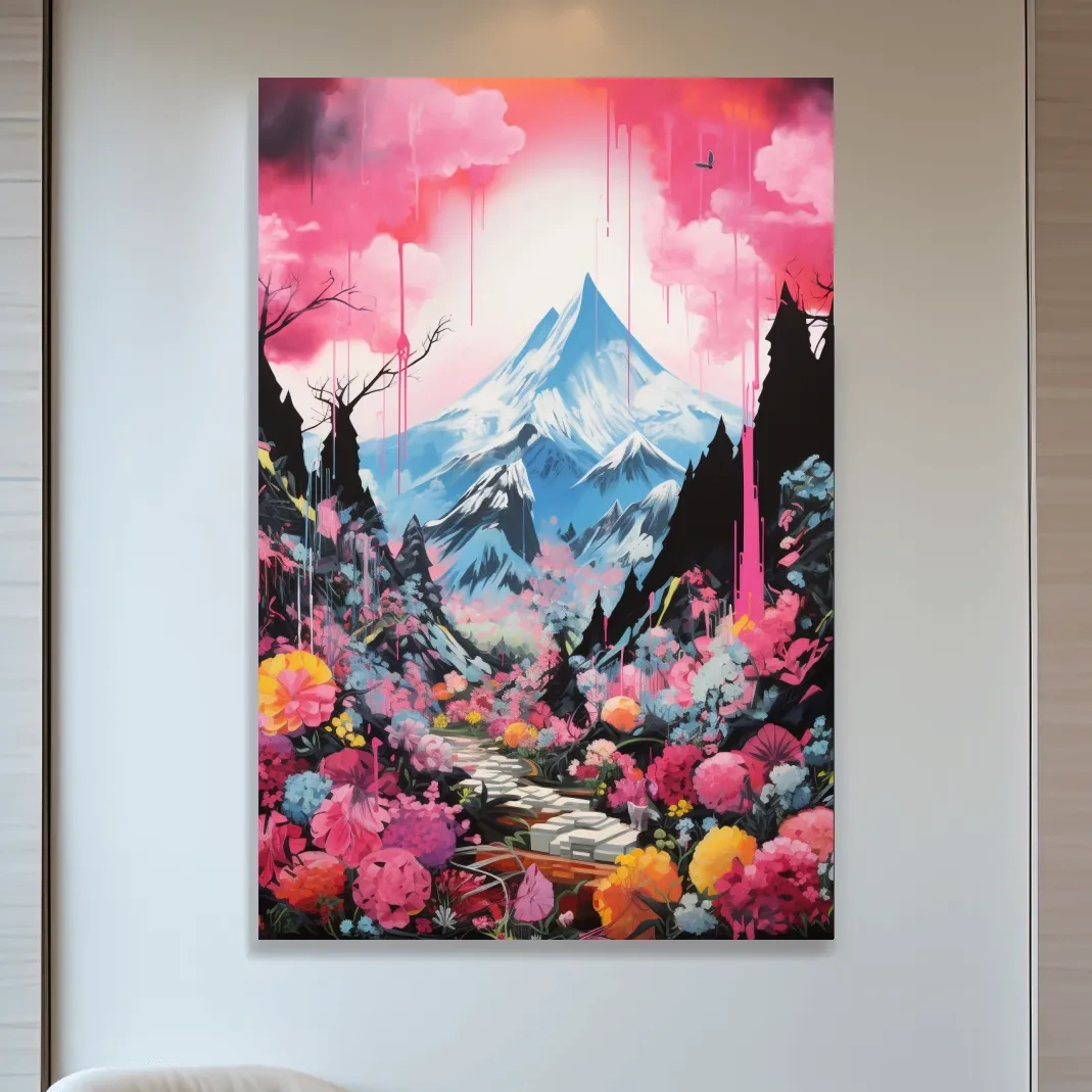 Energetic illustration of pink alpine flowers by a glacier