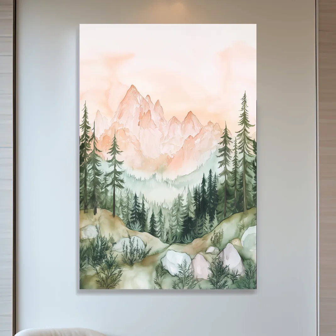 Pastel Watercolor Mountain Peaks & Pine Forest - Serene Alpine Landscape Artwork