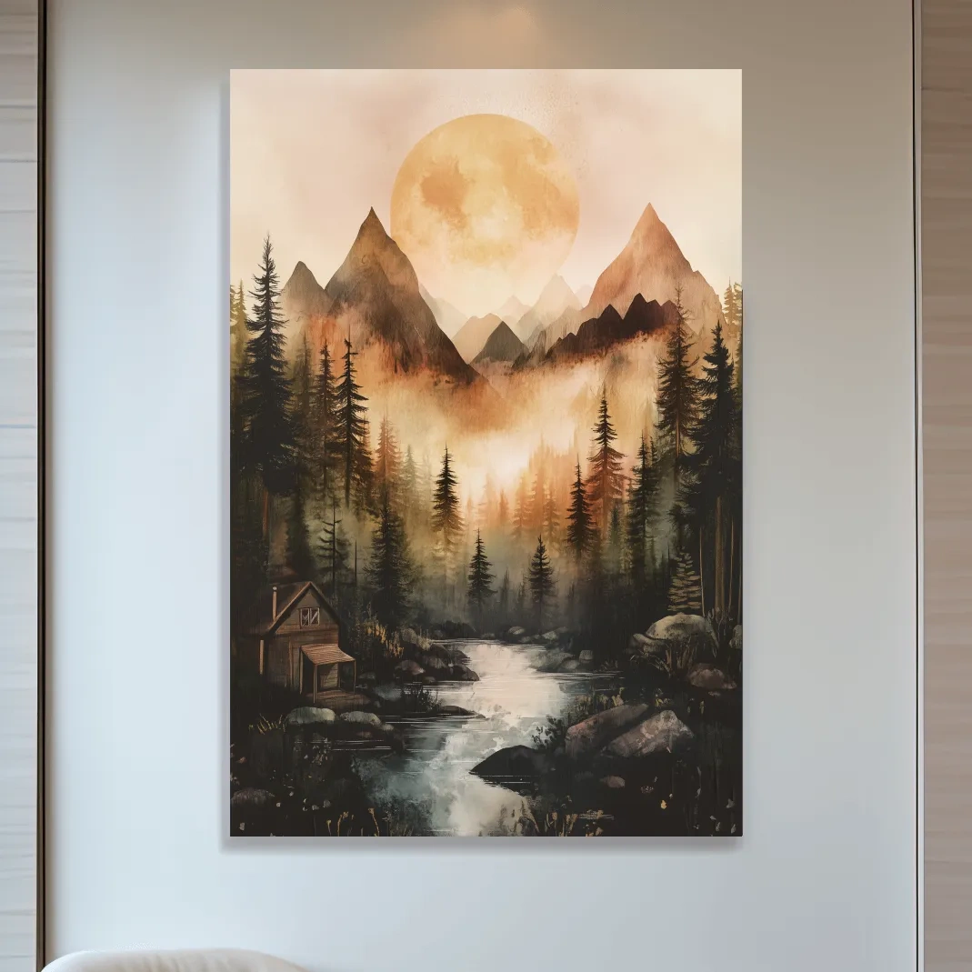 Misty Mountain River Cabin Watercolor - Rustic Forest Wall Art