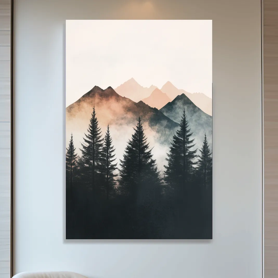 Misty Watercolor Mountain Pine Forest - Serene Nordic Wall Art