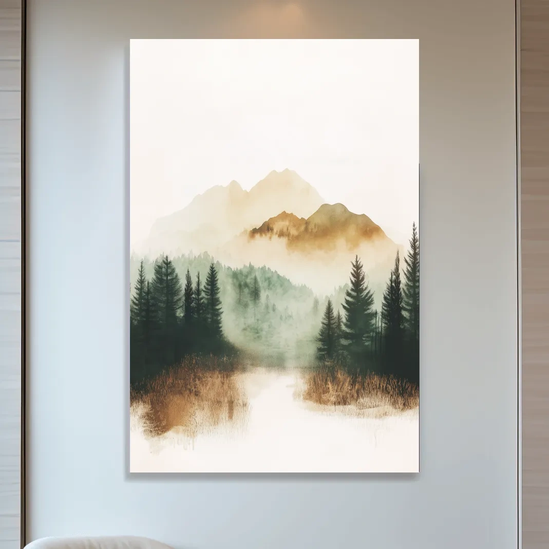 Foggy alpine forest painting, minimal watercolor wall art