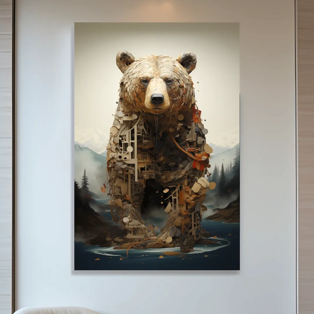 Surreal Grizzly Bear Collage Illustration - MC Escher Style Wildlife Wall Art
