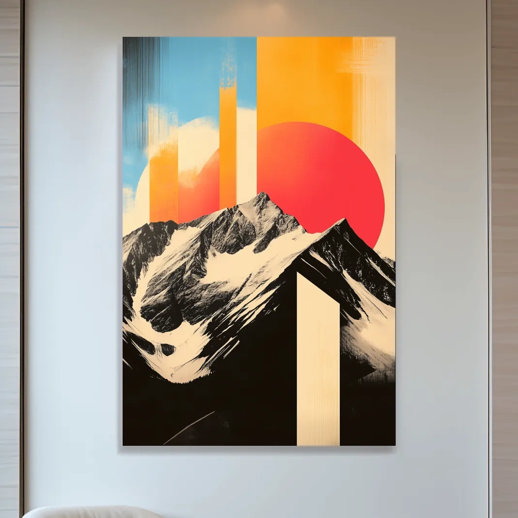 Modern abstract alpine mountain art, bold retro style geometric shapes