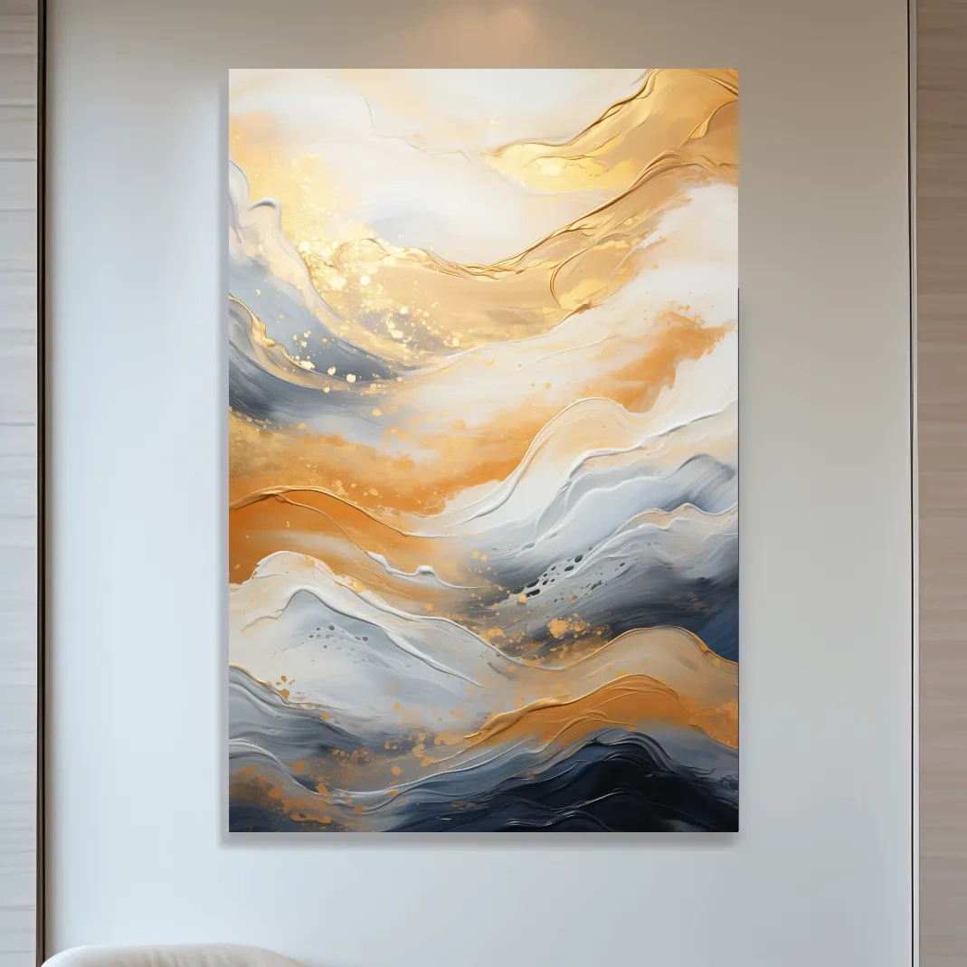 Golden abstract mountain wall artwork, swirling style painting