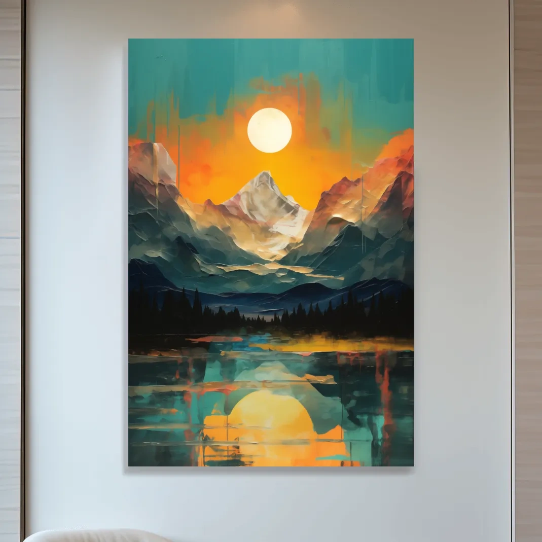 Vibrant Abstract Mountain Lake Sunset - Colorful Landscape Wall Art