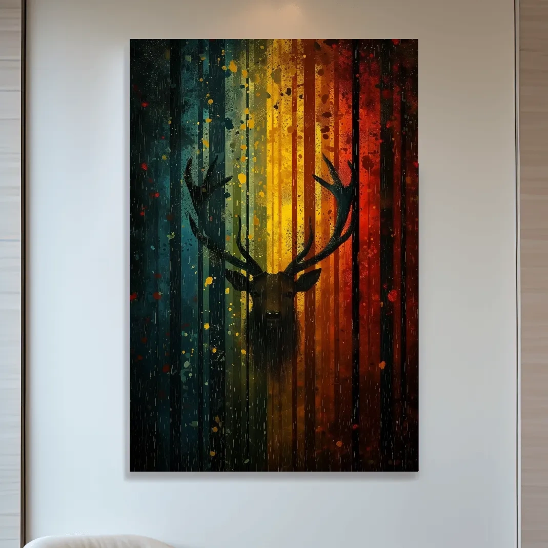 Abstract deer in a forest silhouette artwork, rainbow colours