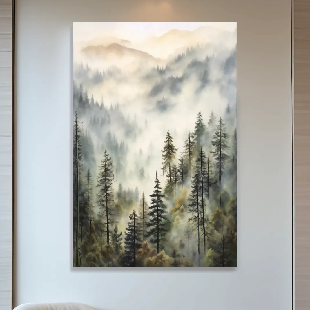 Painting of fog rolling through mountains and trees