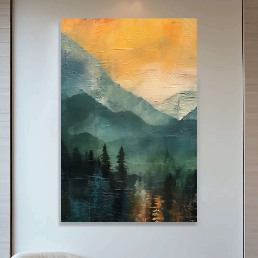 Rustic textured style art, mountains at sunset