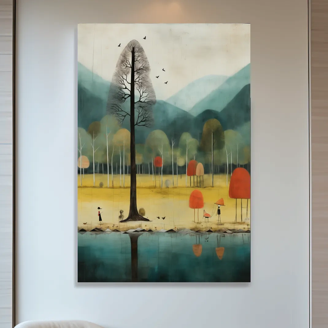 Quirky characters by a lake in fall, textured painting effect, whimsical autumn forest wall art print