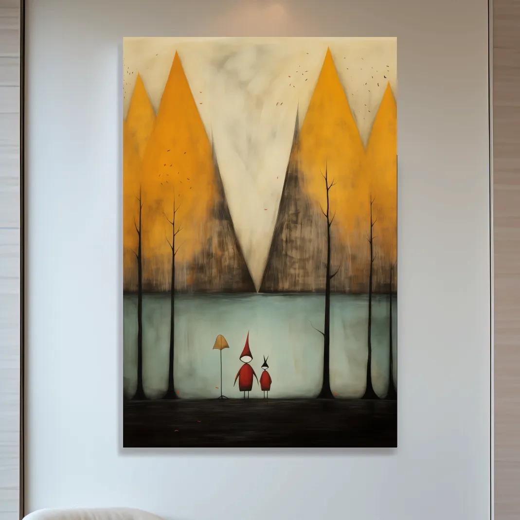 Quirky painting of people by a lakeside mountain scene in fall, whimsical forest scene artwork