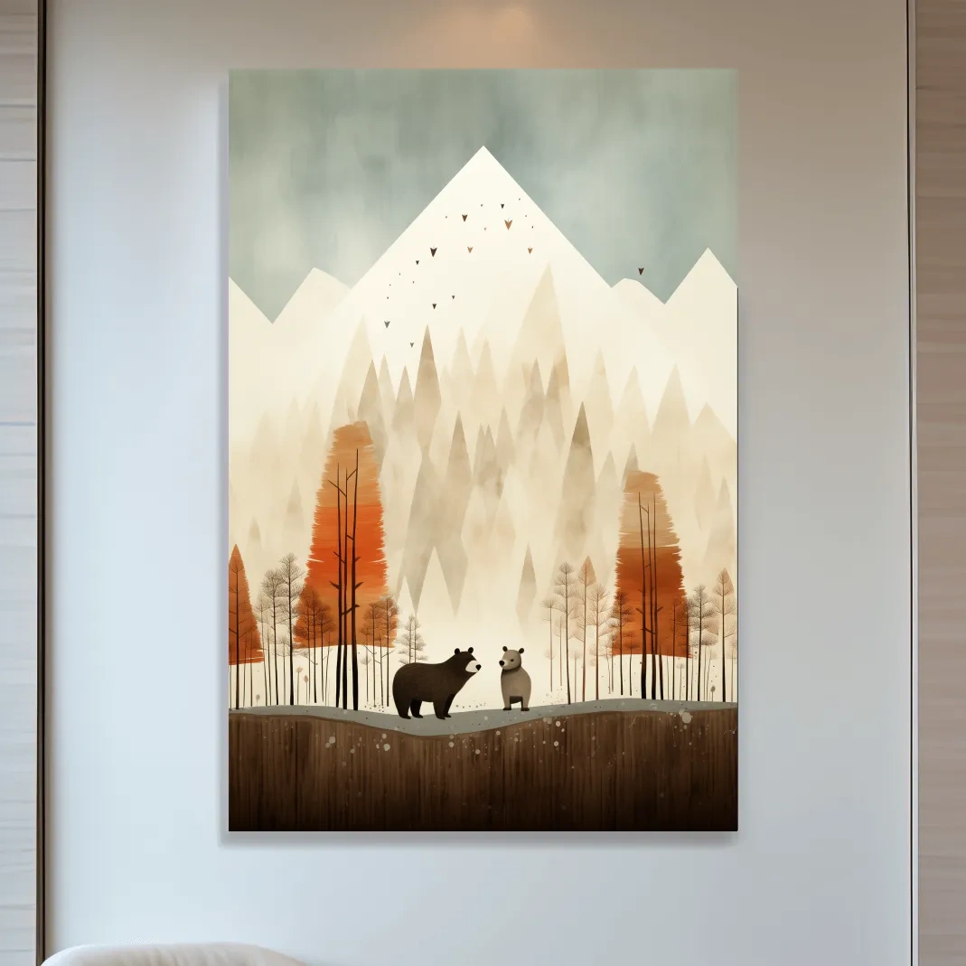 Bears in the forest in autumn, quirky childrens art illustration