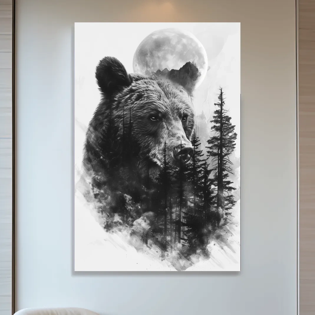 Drawing artwork of a bear, forest and moon, double exposure charcoal drawing style