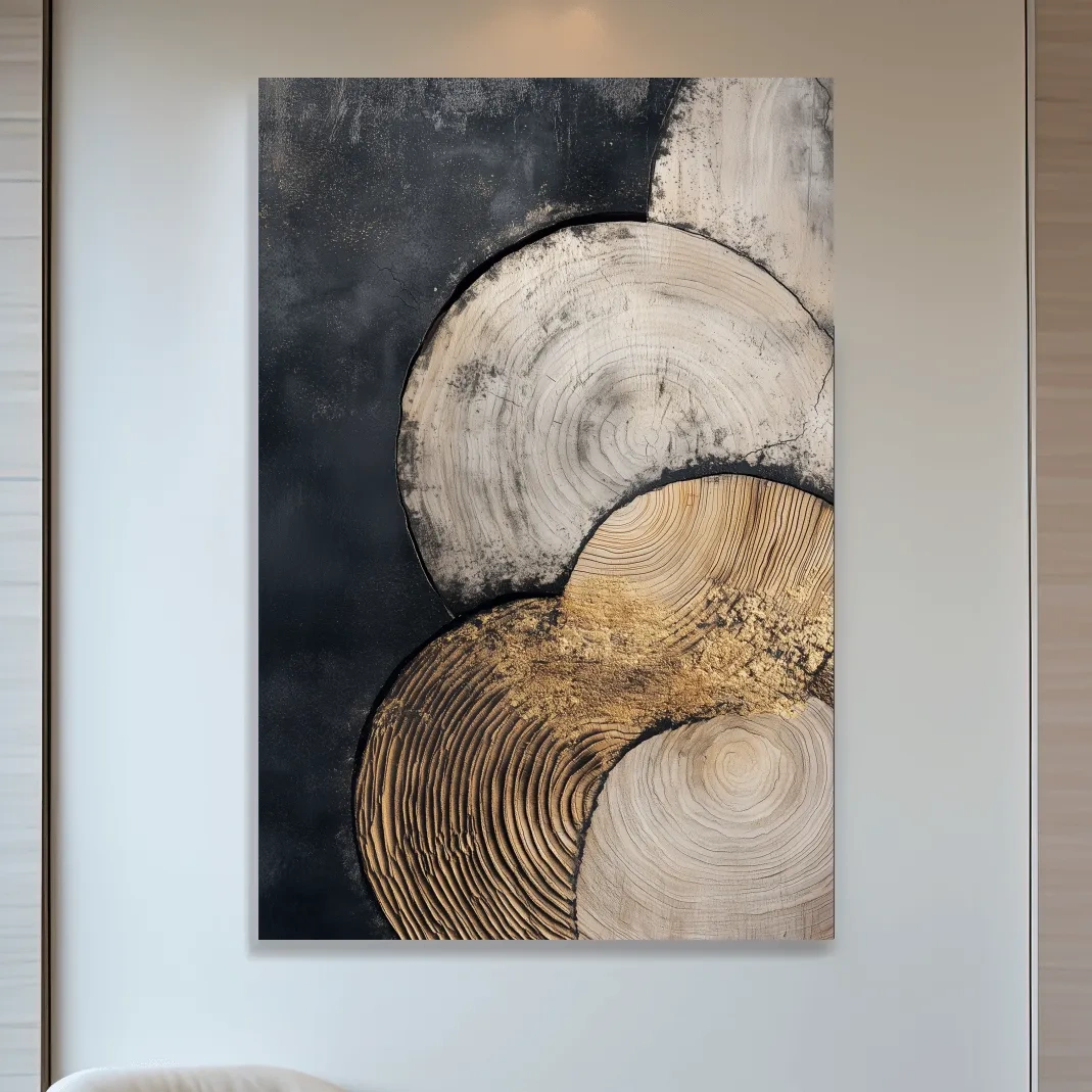 Boho tree ring pattern wall art, textured wood cross-section artwork