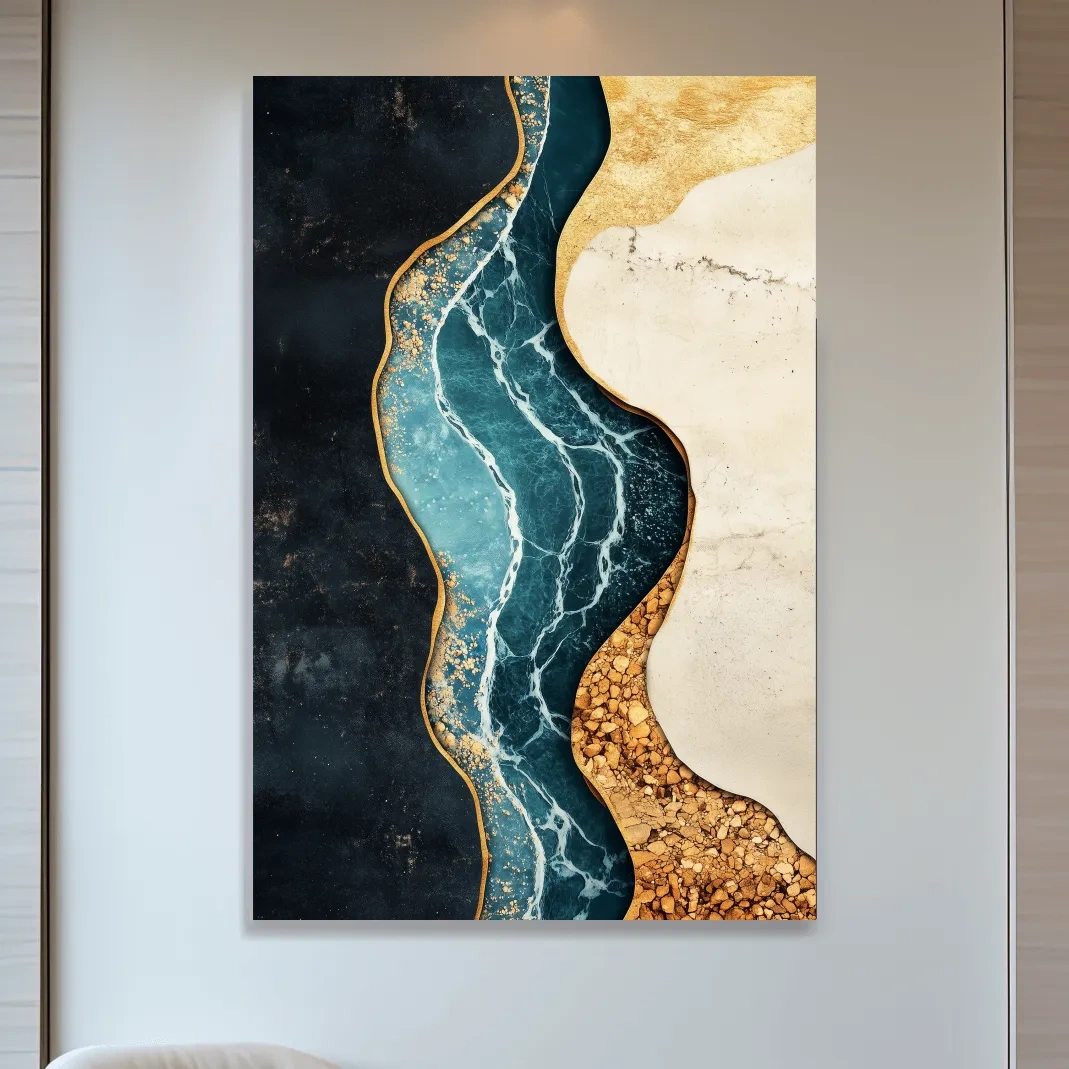 Fluid elegant artwork, blue marble river flowing through textured earth tones