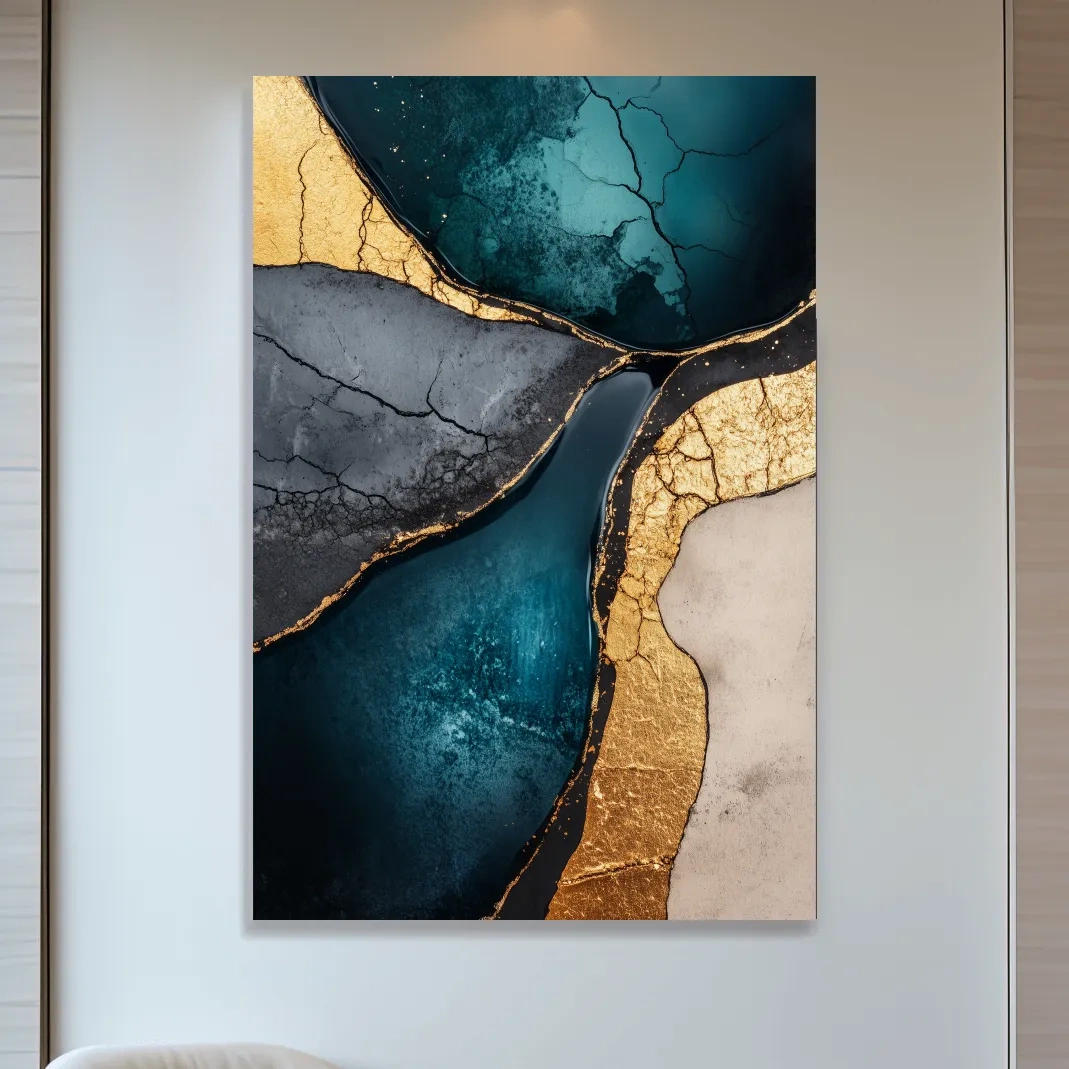 Teal Gold Geode Resin Abstract - Elegant Metallic Marble Wall Art