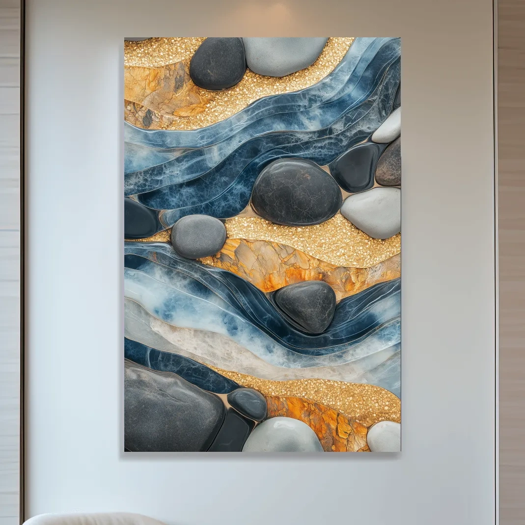 Natural stone and river rock wall artwork, abstract layered design