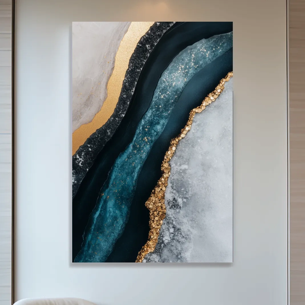 Elegant abstract geode artwork, blue and gold natural textured wall art