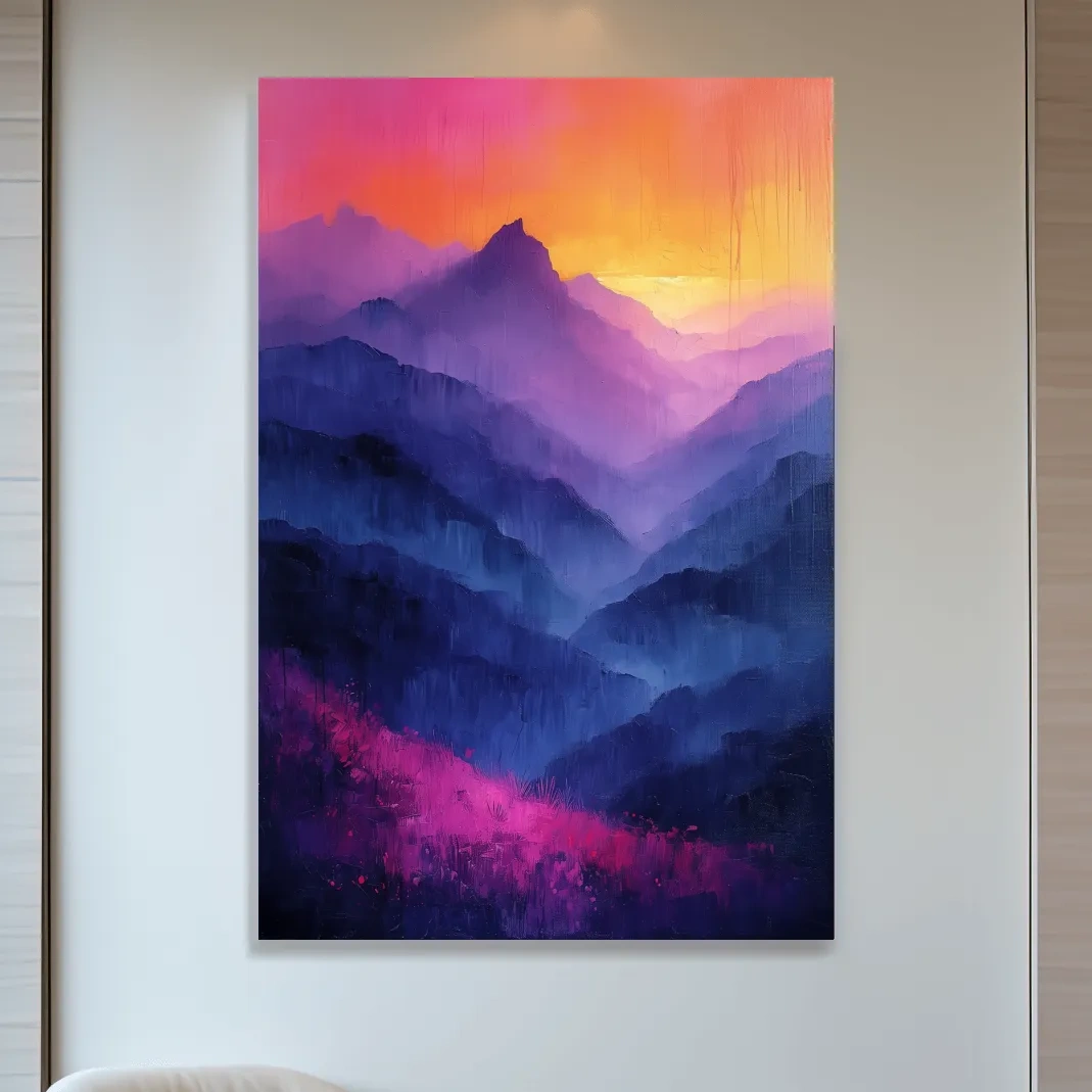 Colorful mountain sunset artwork, vibrant oil painting effect