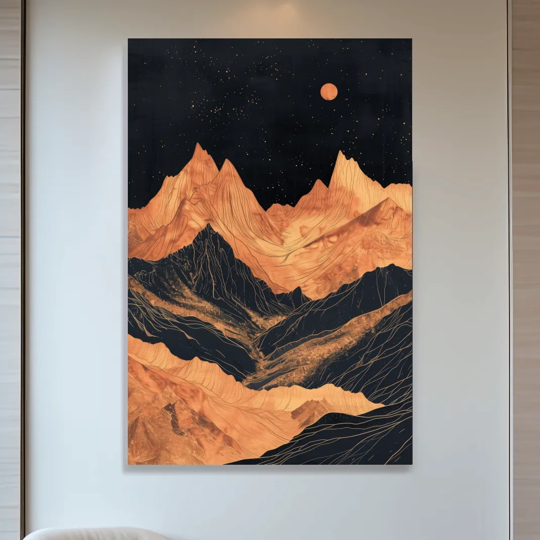 Moonlit elegant mountain artwork, metallic block print effect
