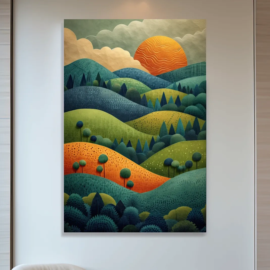 Layered Mountain Sunset Landscape - Mid Century Modern Forest Wall Art