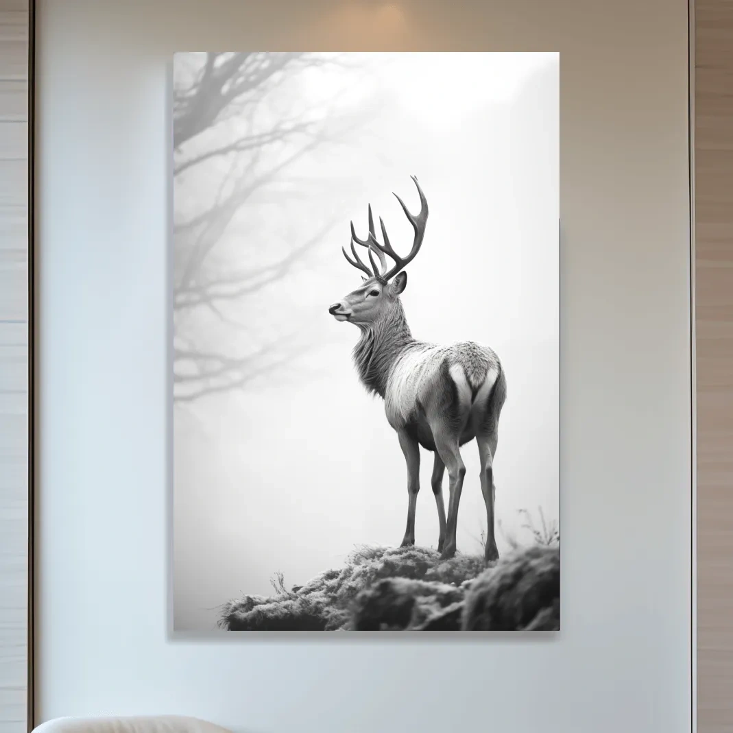 Black and white photograph of a majestic deer on a winter morning, serene wildlife artwork