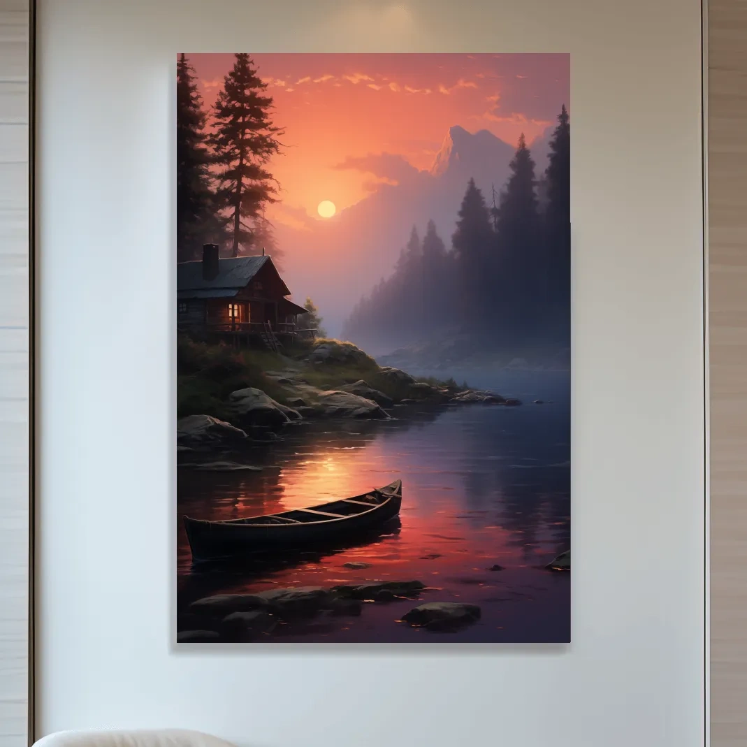 Beautiful painting of a cabin on a misty lake at sunset