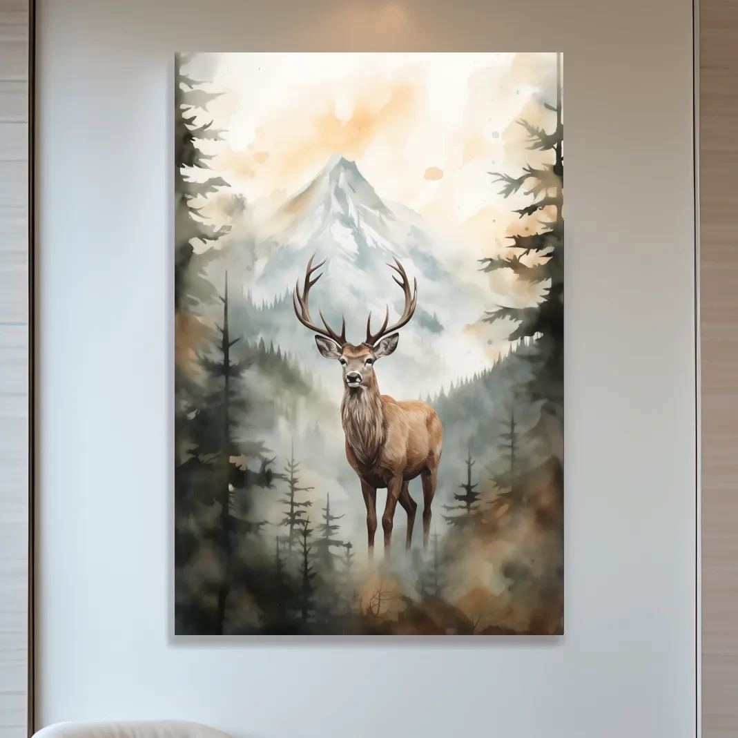 Watercolour painting of a deer standing in a misty forest