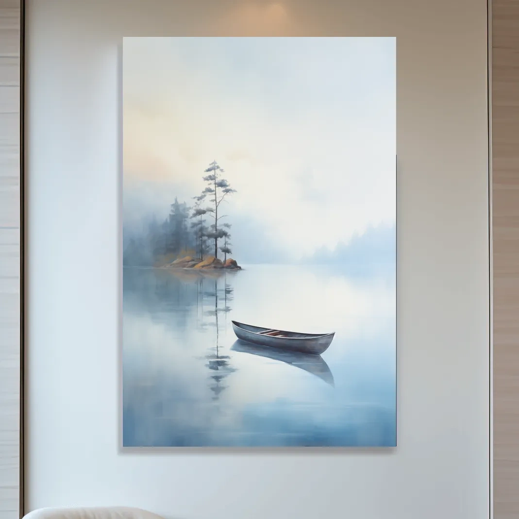 Watercolor painting, canoe on a misty lake, serene wall artwork