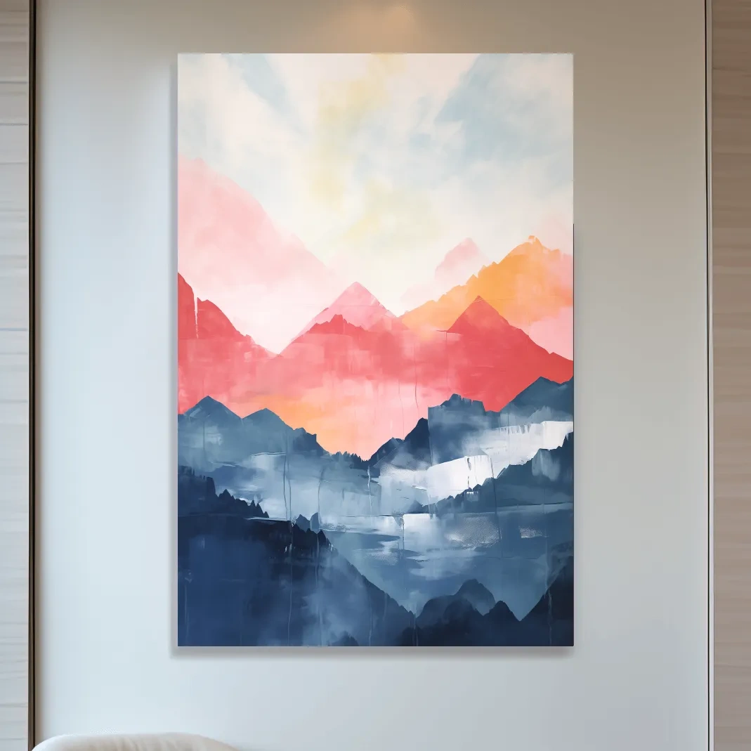 Colorful abstract mountain wall art, vibrant watercolor style painting