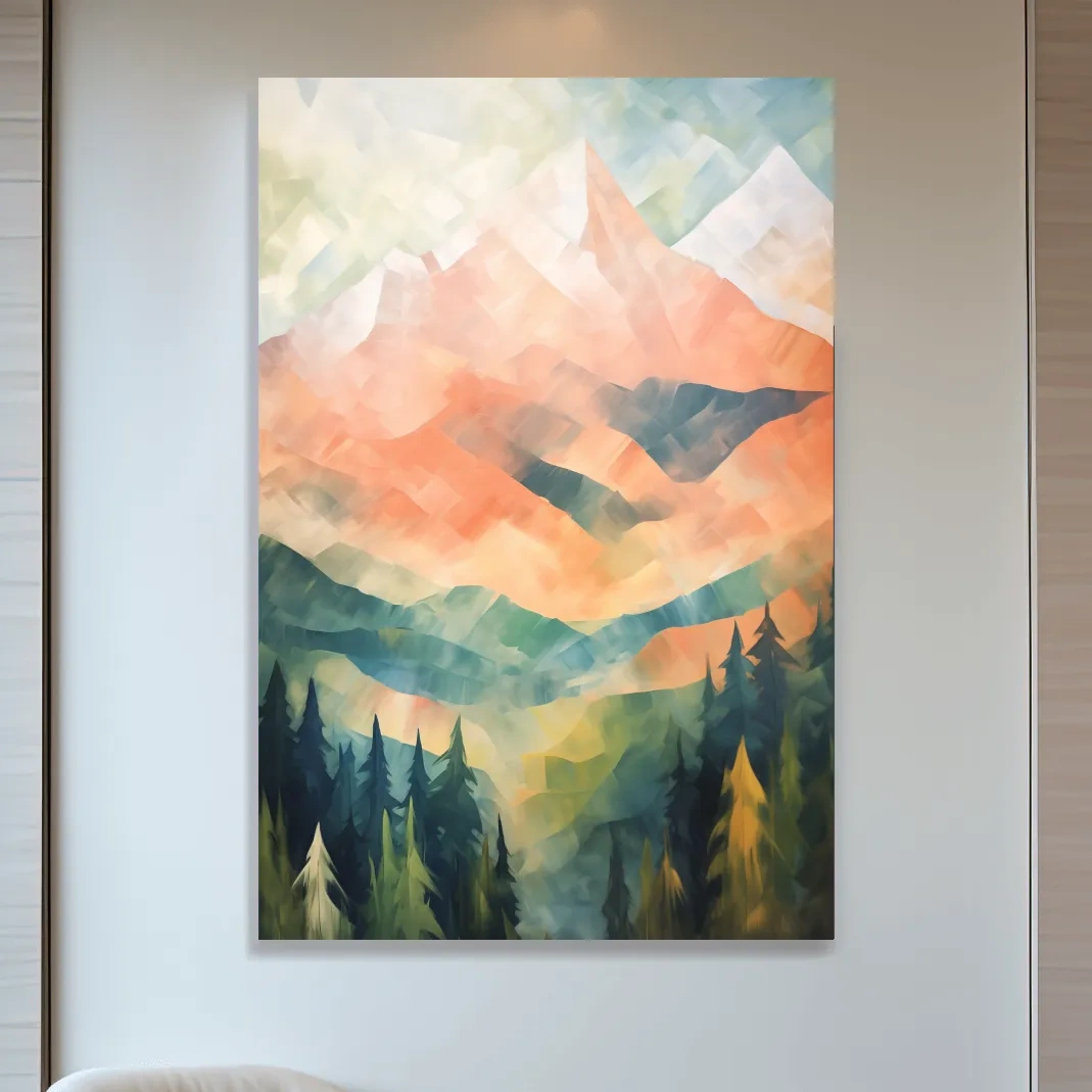 Colourful impressionism painting of alpine mountains, vibrant layered brush strokes