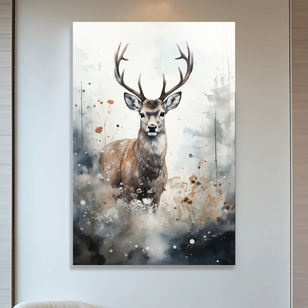 Rough textured watercolour painting of a deer buck standing in the forest