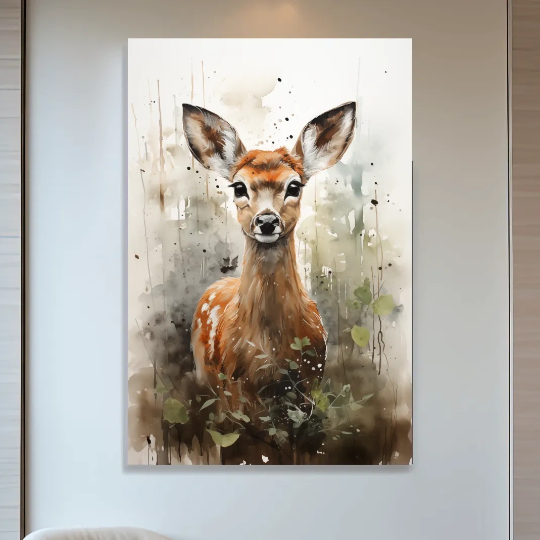 Watercolor fawn wall art, delicate forest setting artwork