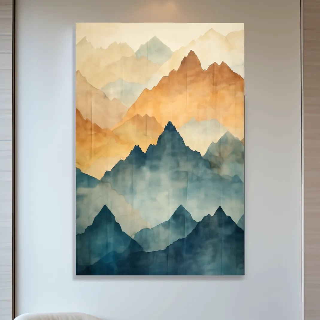 Textured effect watercolour painting of mountain ridgelines in the fog