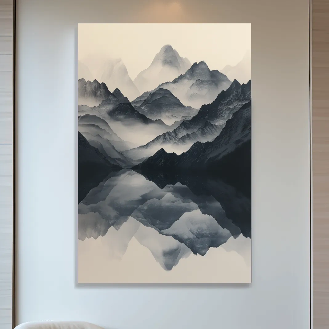 Monochrome Misty Mountain Reflection Landscape - Minimalist Japandi Wall Art