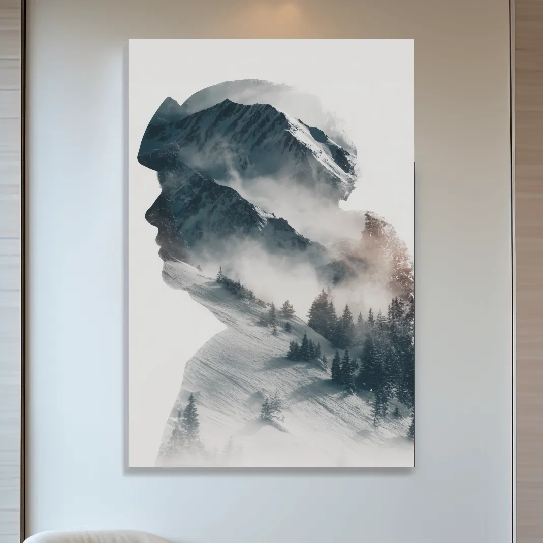 Mountain and skier double exposure wall artwork, blending snow-capped peaks and alpine trees