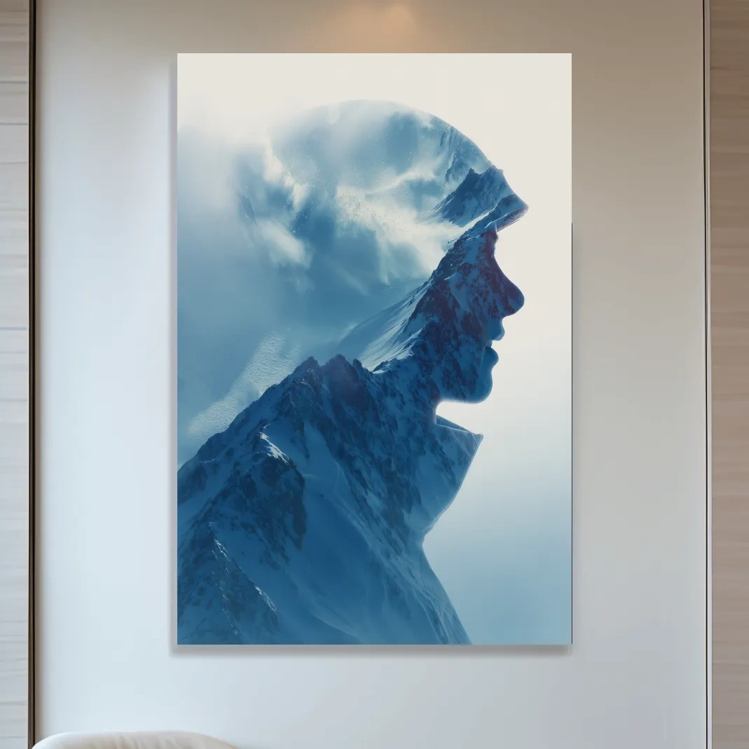 Double Exposure Mountain & Skier Portrait - Modern Snowy Alpine Wall Art