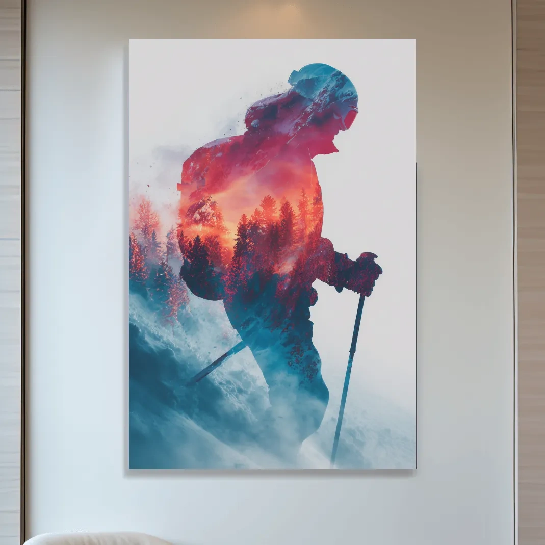 Double Exposure Skiier Silhouette Forest Sunset - Adventure Mountain Landscape Artwork