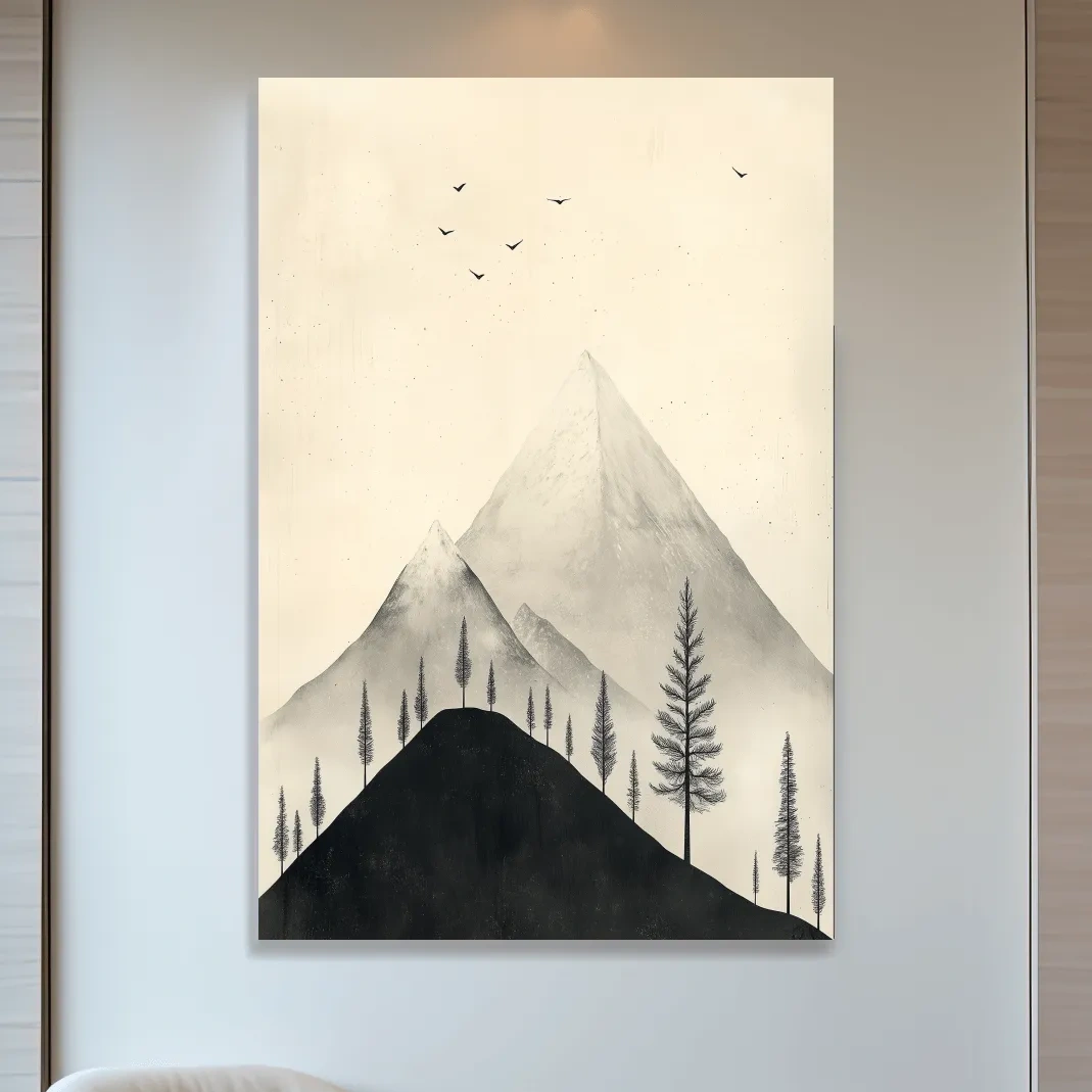 Minimalist Misty Mountain Peaks With Pine Trees - Monochrome Scandinavian Landscape Artwork
