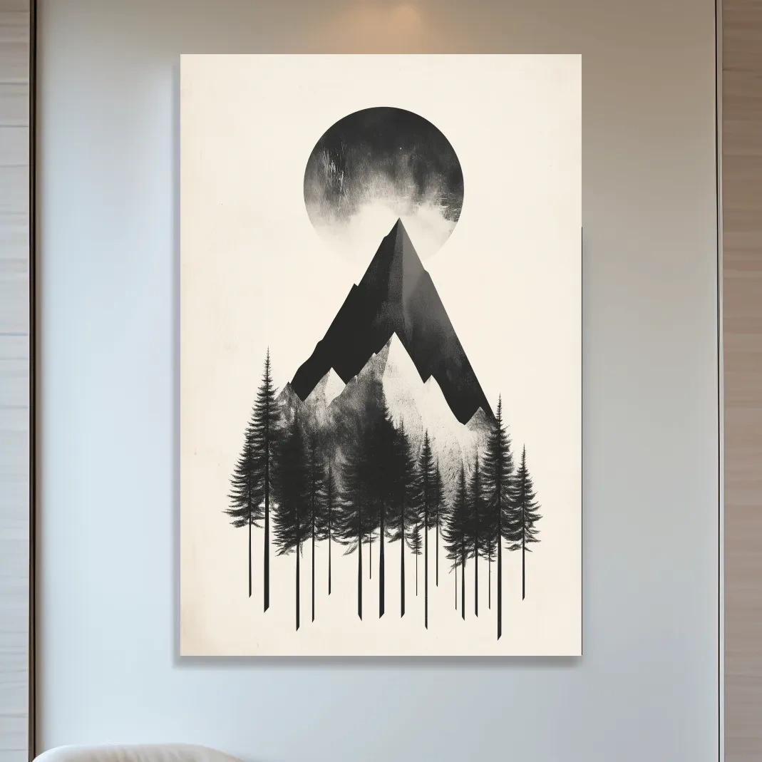 Minimalist Monochrome Mountain Peak & Pine Forest - Modern Scandinavian Style Wall Art