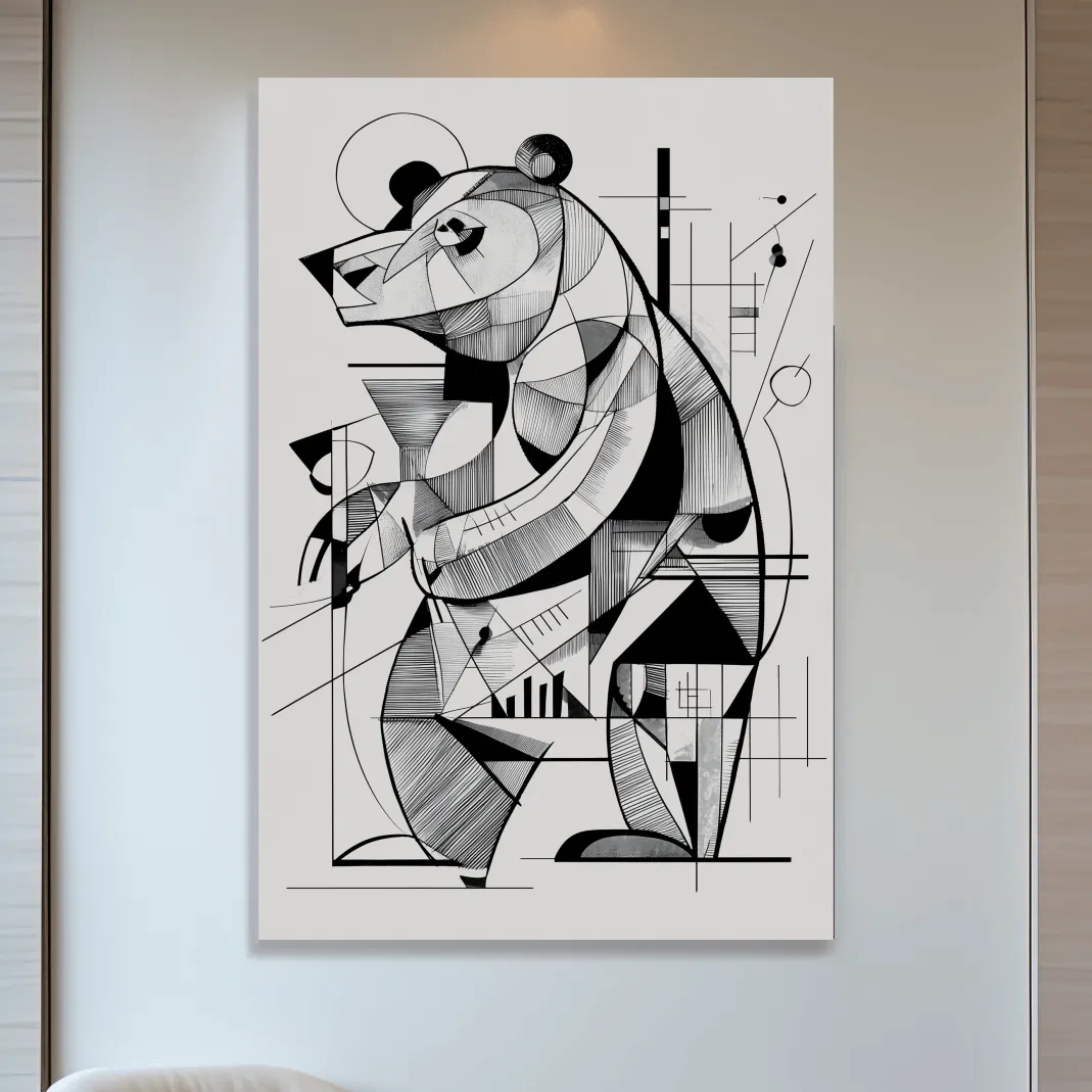 Cubism Abstract Bear Artwork - Modern Black And White Wildlife Wall Art