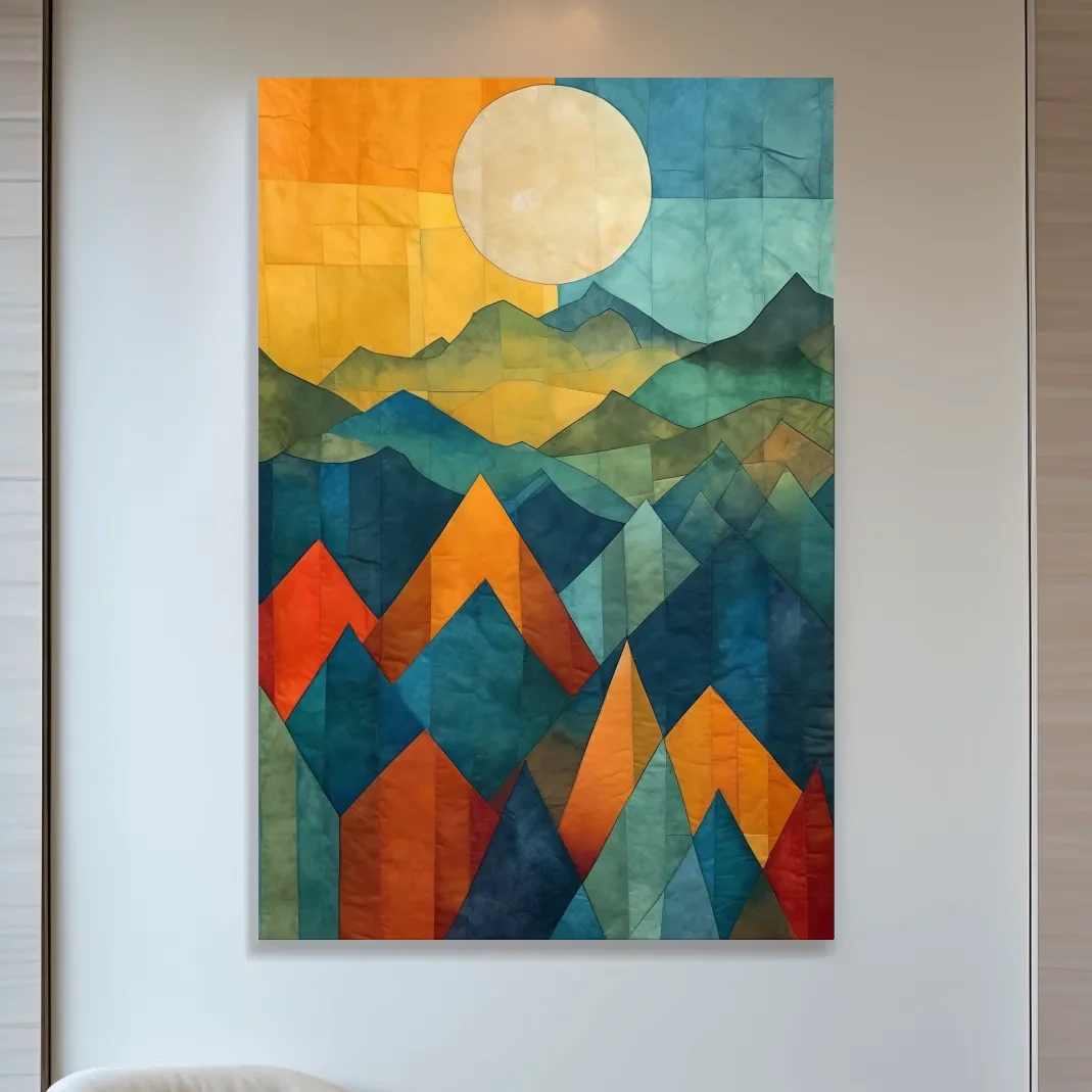 Geometric Patchwork Sunlit Mountain Range Painting - Colorful Abstract Alpine Wall Art