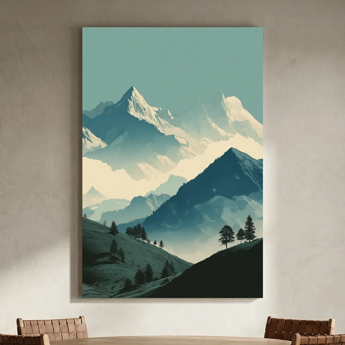 Misty Alpine Mountain Peaks Illustration - Serene Landscape Wall Art