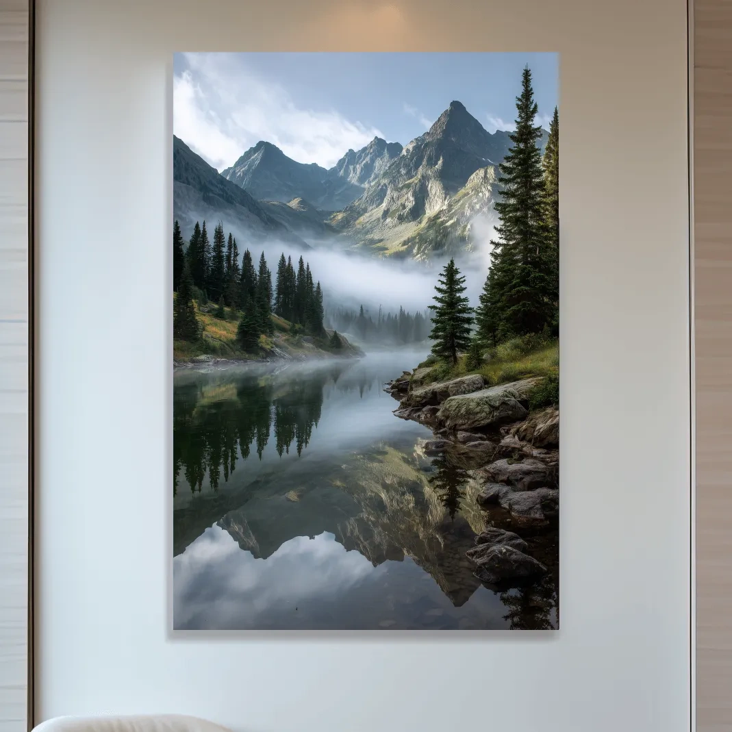 Misty Alpine Lake Photography - Serene Mountain Forest Wall Art