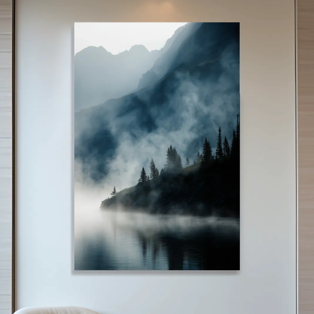 Misty Alpine Lake Landscape Photography - Foggy Pine Forest Nature Wall Art