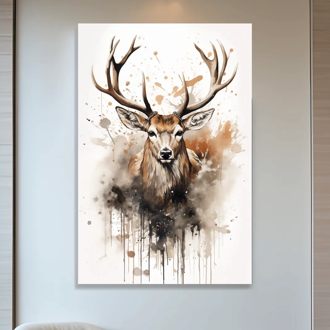 Majestic Stag Watercolor Splash Painting - Rustic Wildlife Wall Art