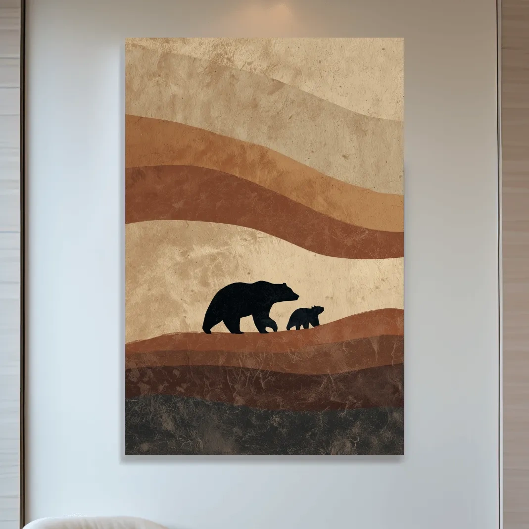 Scandi Bear Family Silhouette Artwork - Earthy Abstract Wildlife Wall Art